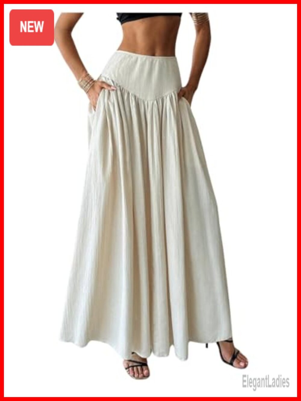 Pleated Flowy High Waist Maxi Skirt with Pockets Long Flared